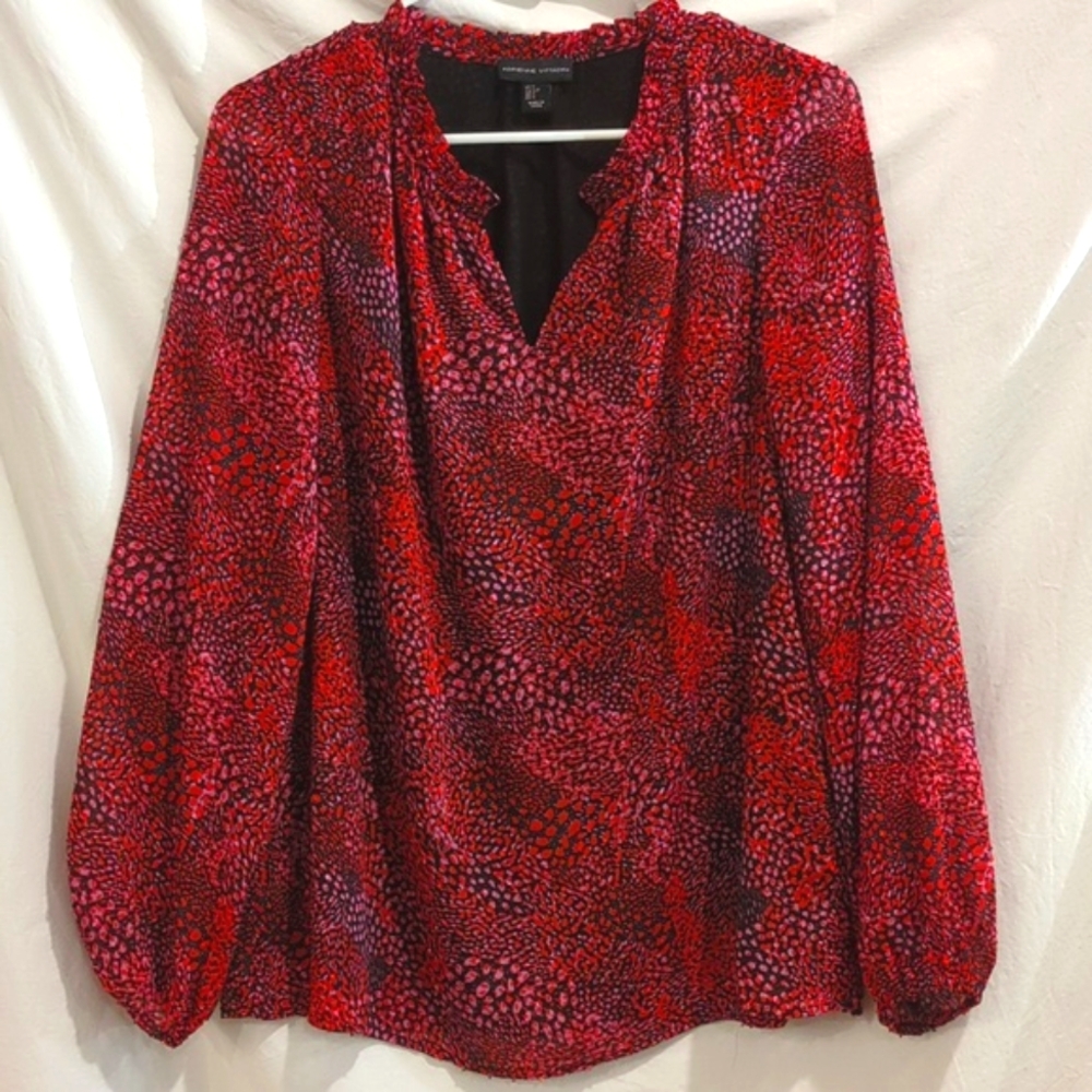 Adrienne Vittadini | Gathered Neckline Long Sleeve Red Black Print Blouse | S